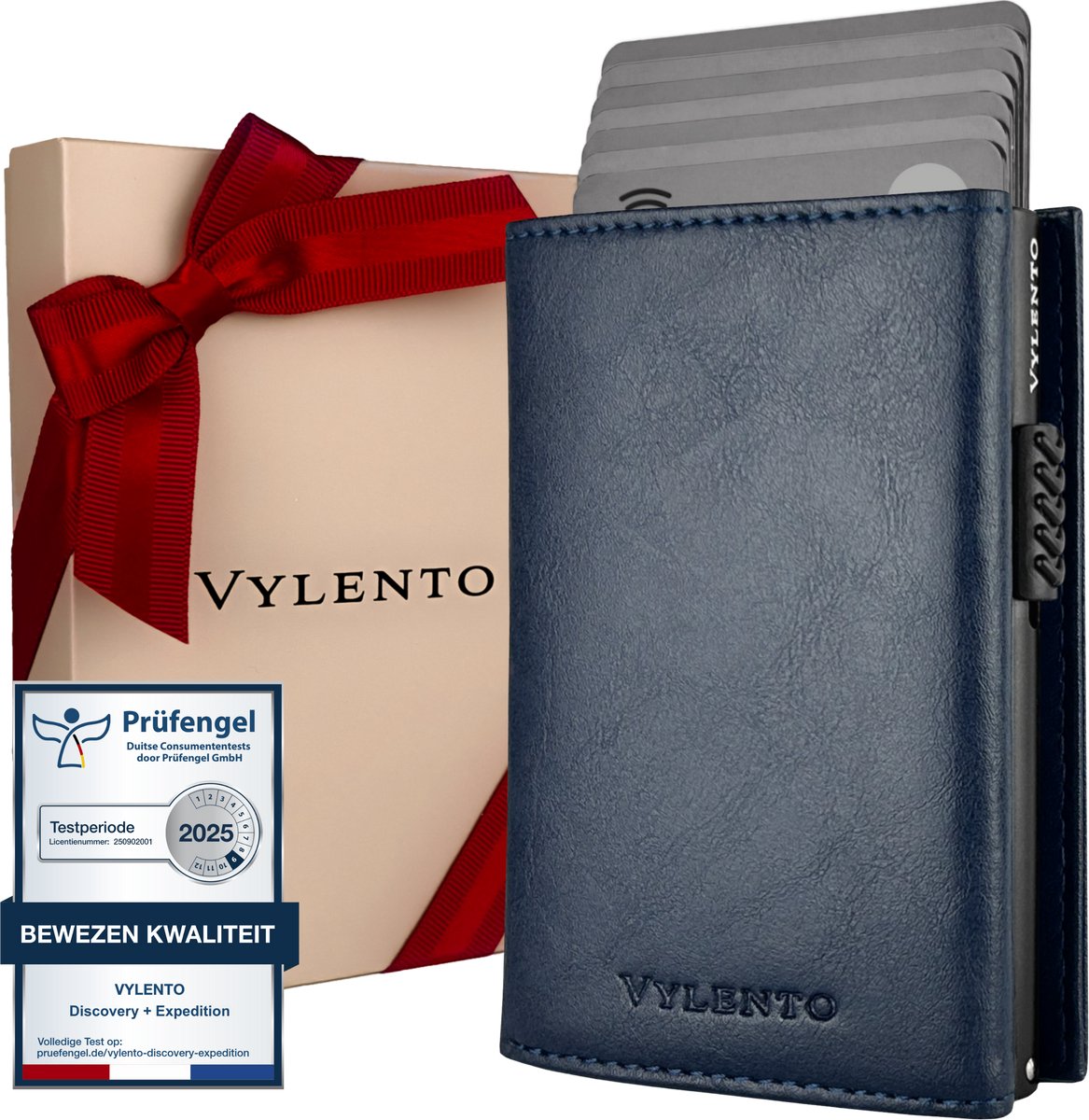 Vylento Expedition - Premium Pasjeshouder Uitschuifbaar - RFID Kaarthouder Mannen & Vrouwen met Portemonnee - 12 pasjes - Muntvak met Rits en Geldvak - Inclusief Luxe Vaderdag Cadeaubox - Blauw