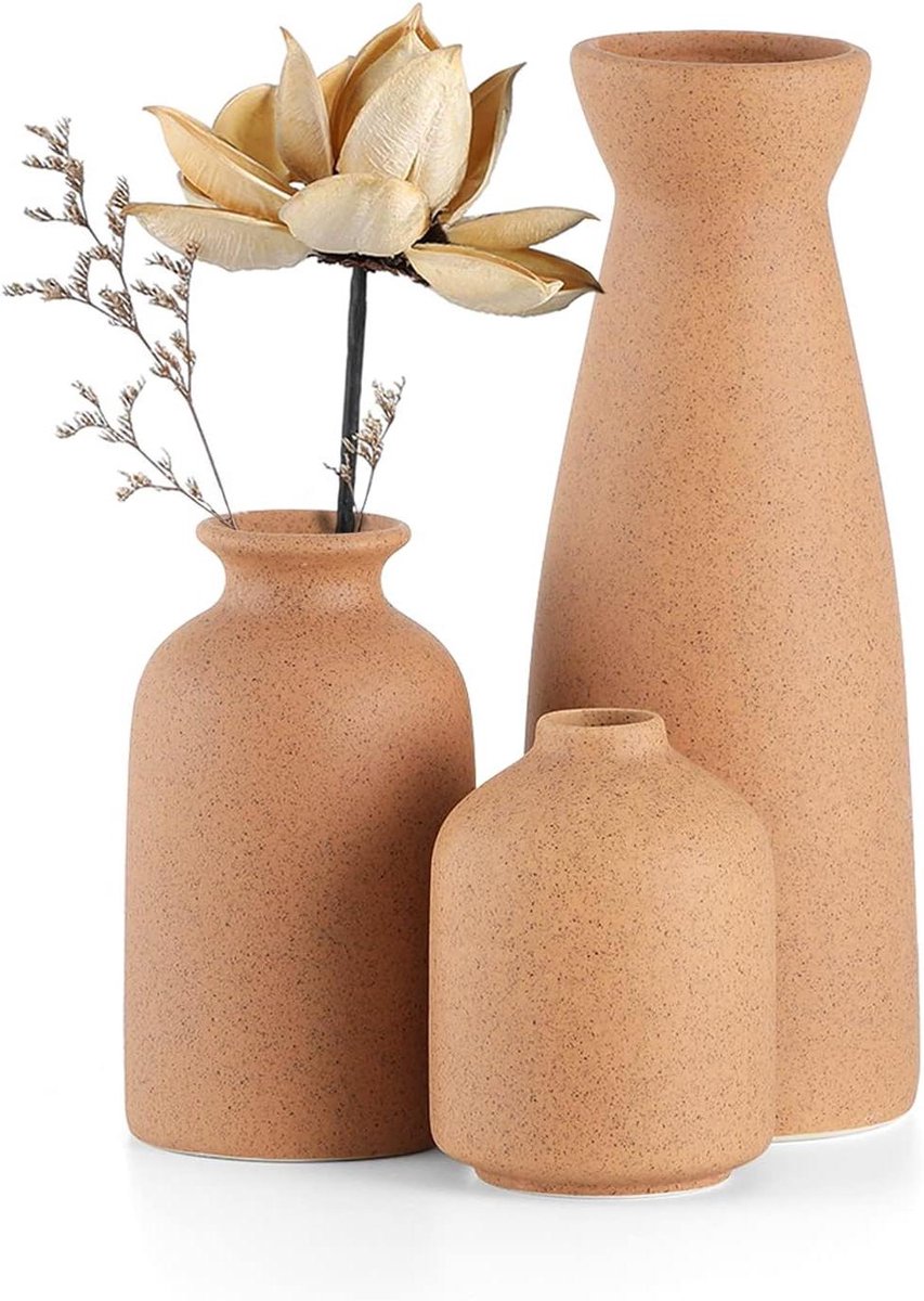 Keramische vazen, set van 3 vazen voor decoratie - modern rustieke boerderij stijl - decoratieve vazen voor pampasgras, gras en gedroogde bloemen - huisdecoratie met ideeënrek - entree decoratie - distressed effect.