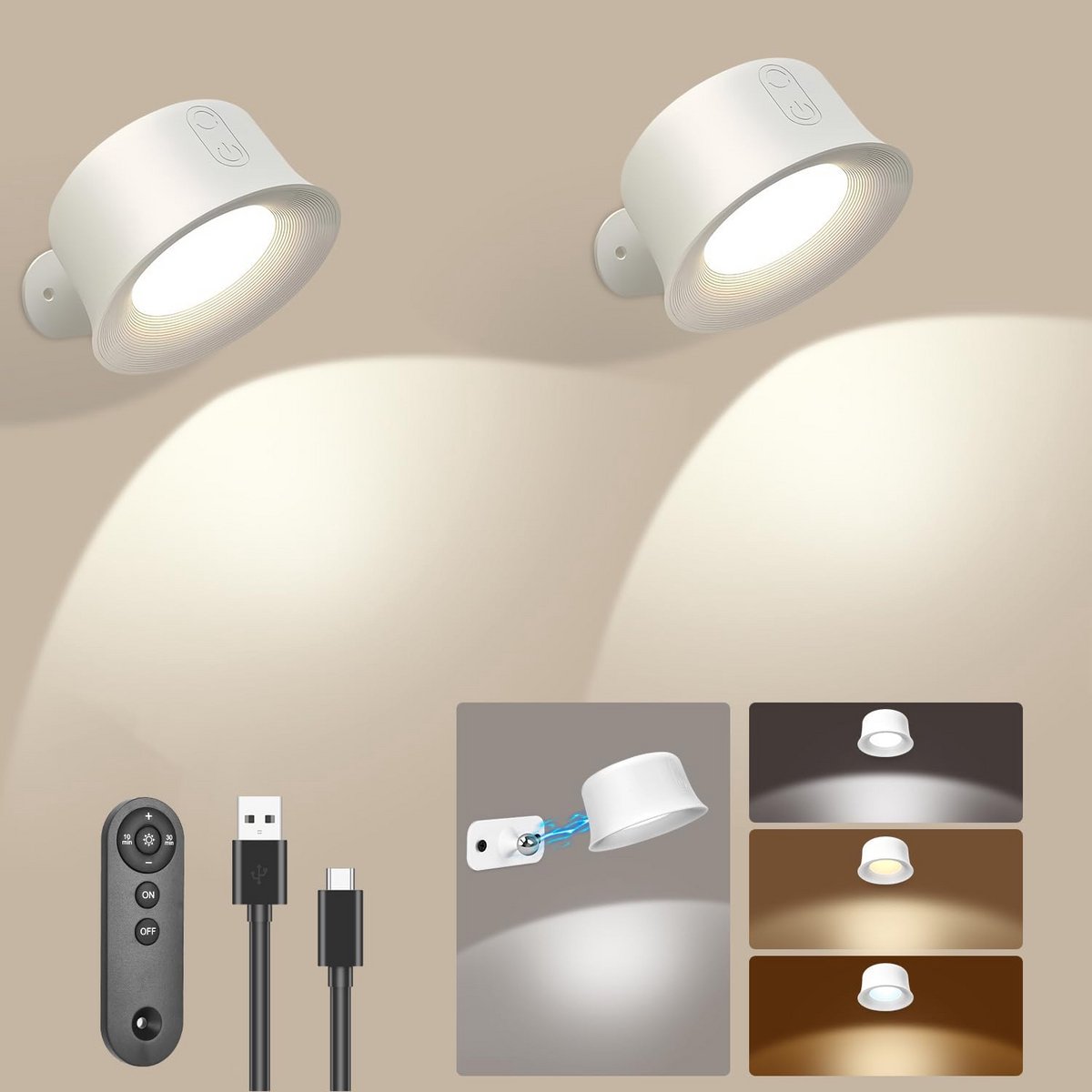 Draadloze LED Wandlampen met Afstandsbediening 2 Stuks - Oplaadbaar en Draaibaar Licht