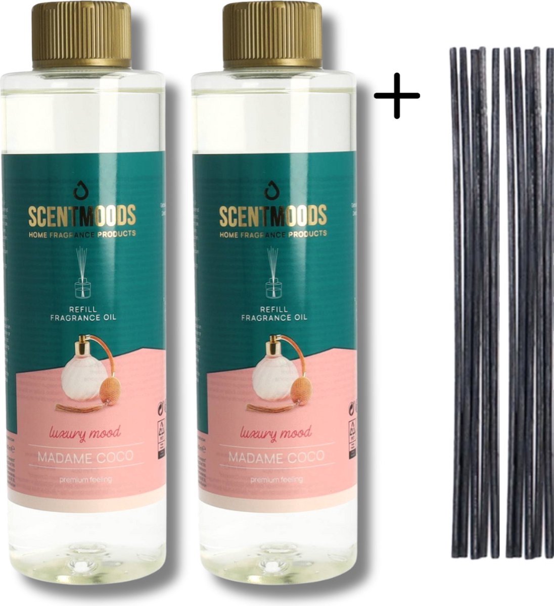 Scentmoods Geurstokjes Navulling Madame Coco Set van 2 + 12 Geurstokjes - Geurverspreider - Luchtverfrisser - Huisparfum - 400ml x 2