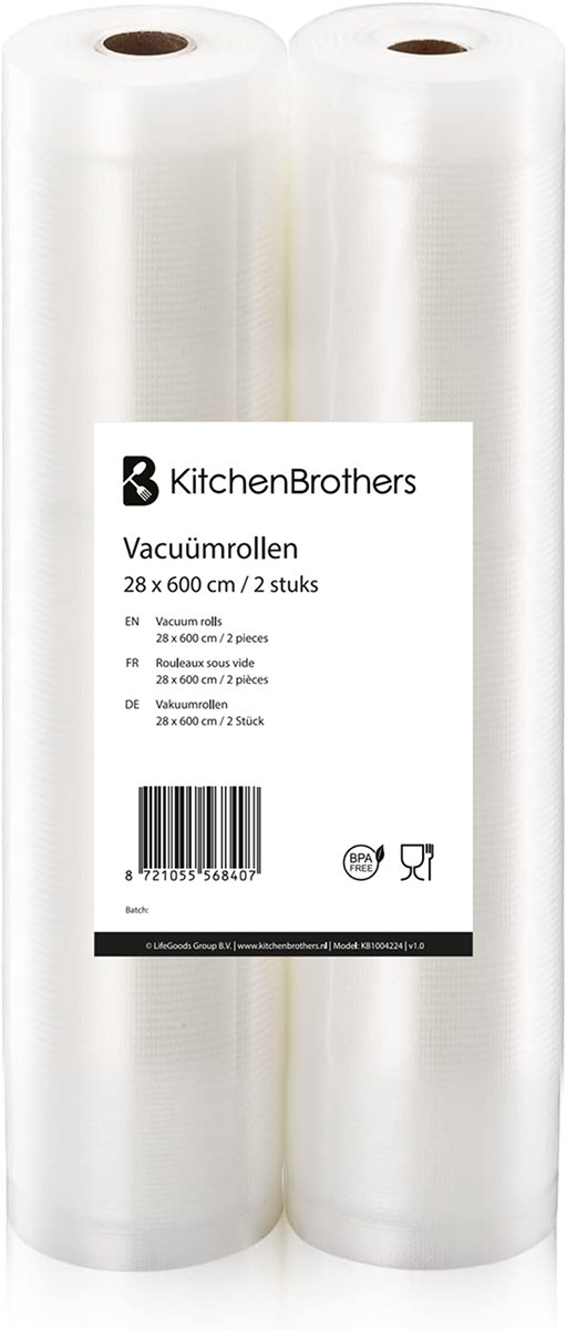 KitchenBrothers Vacuumrol - 2 Stuks - 28x600cm - BPA-vrij - Vacuumrollen voedsel - Sous vide zakken - Voor Vacumeermachine