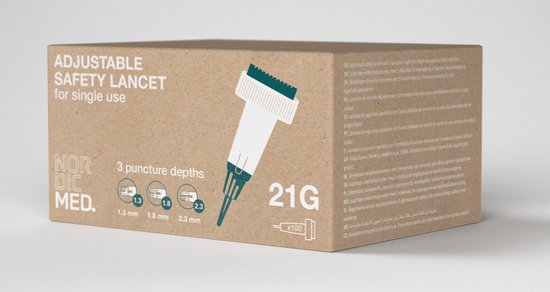 Doos met verstelbare veiligheidslancetten voor eenmalig gebruik, 21G, met 3 steekdiepten: 1.3mm, 1.8mm en 2.3mm.