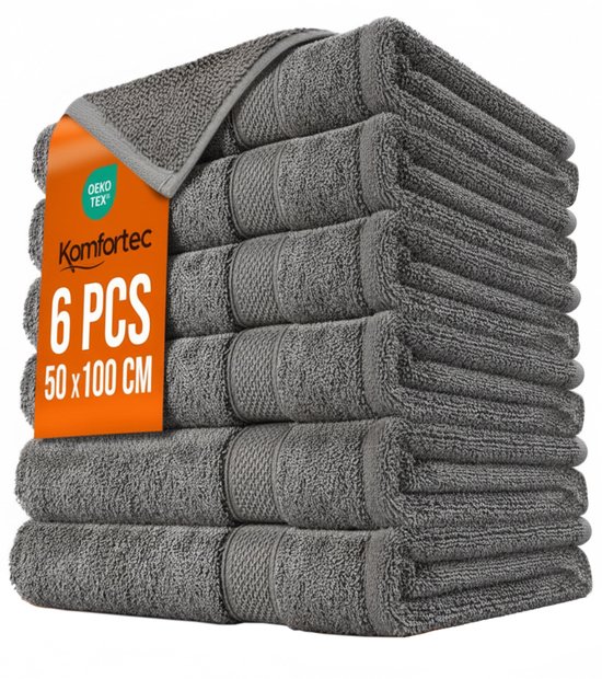 Serviettes Komfortec 6x 50x100 - 100% Katoen - Ensemble de serviettes - Douces - Anthracite