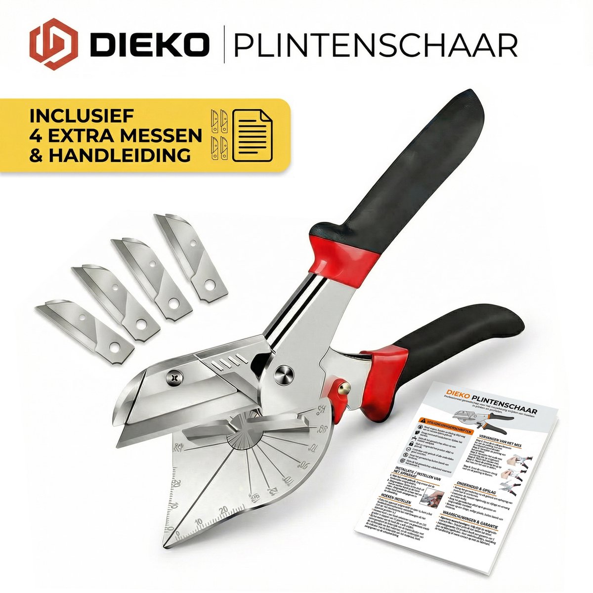 Dieko Verstekschaar Plintenschaar met handleiding en 4 extra mesjes - 2025 model - met gradenboog - veiligheidsslot - Verstelbaar van 45° tot 135° - Lowe - Laminaatknipper - plintenknipper - vloer.