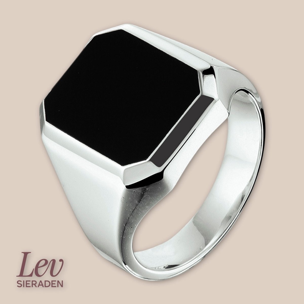 Lev Sieraden - 925 zilveren Zegelring - Onyx - zilver gerhodineerd - 16mm - Ringmaat 63 - Heren Ring
