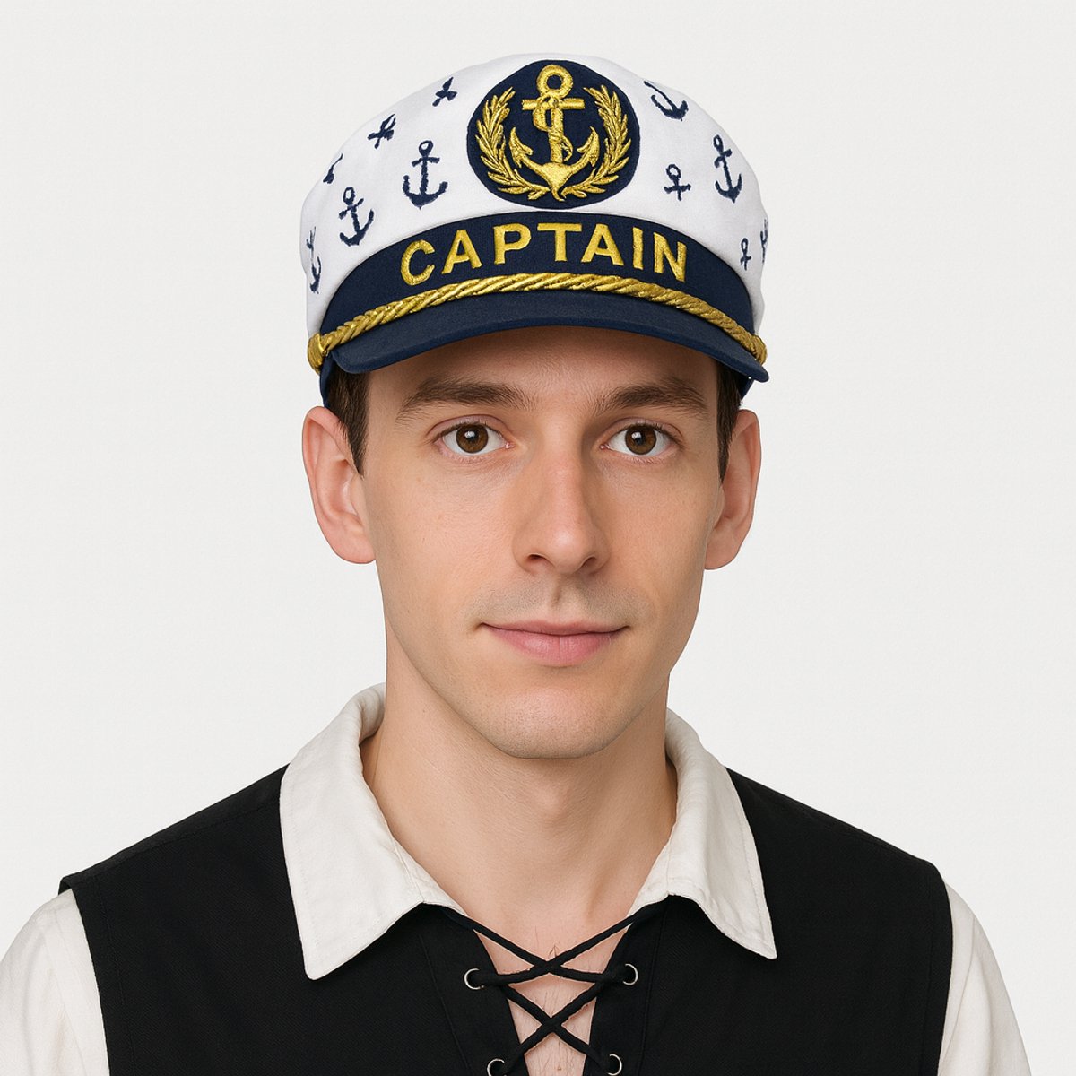 CAPTAIN Hoed Blauw & Wit met ankers - Piratenpartij Kapiteinspet voor volwassenen - Carnaval Verkleedkleding - one size