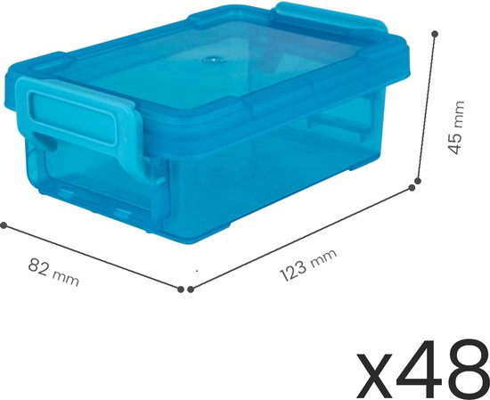Boîte de rangement bleu transparent avec loquets, dimensions 123 x 82 x 45 mm, lot de 48.
