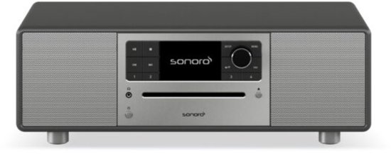 Zilverkleurig Sonoro Prestige audiosysteem met CD-speler en luidsprekers.