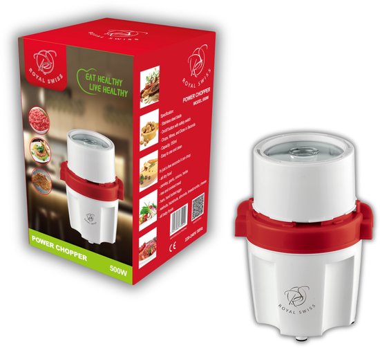 Royal Swiss® Power Chopper 500W - Hakmolen & Vleesmolen - 350ml RVS Snijbeker - Krachtige Hakker voor Groenten, Vlees, Noten & Kruiden - Compact & Snel - Makkelijk Schoon te Maken van Royal Swiss — afbeelding 2