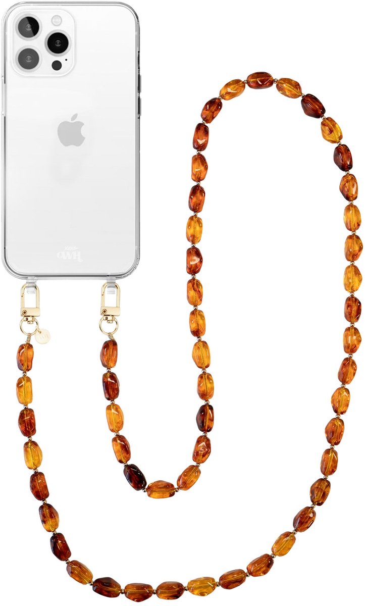 xoxo Wildhearts telefoonhoesje geschikt voor iPhone 13 Pro Max - Honey Flame (lang koord) - siliconen hoesje met koord - Backcover met telefoonkoord - Telefoonhanger stenen ketting - Bruin / Oranje
