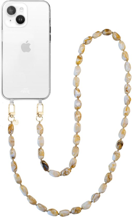 xoxo Wildhearts telefoonhoesje geschikt voor iPhone 13 Mini - Moonlight (lang koord) - siliconen hoesje met koord - Backcover met telefoonkoord - Telefoonhanger stenen ketting - Beige / Wit