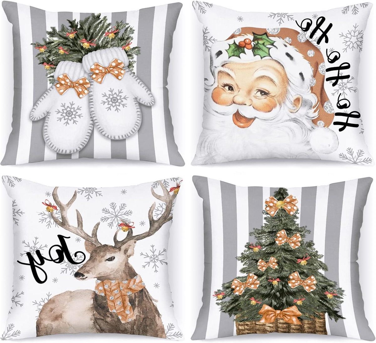 Cosensi Kerst Kussenslopen Set van 4 - Wit & Grijs - 45x45 - Vintage Retro Decoraties Any
