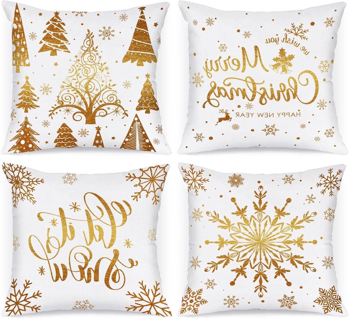 Cosensi Kussenhoezen in wit en goud 40 x 40 cm - Set van 4 - Winterse sneeuwvlokken - Kerstdecoratie voor bed en bank - Decoratief - Kerst. Any