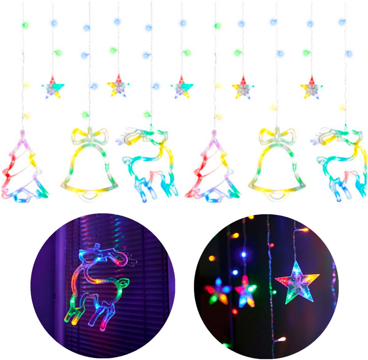 MOZY® - Lichtgordijn Kerstfiguren - 8 Verlichtingsstanden - Meerkleurig - USB - 2.5 Meter - voor Binnen en Buiten - Kerstverlichting - Kerstdecoratie - Kerst - Kerstmis - Verlichting - Raamdecoratie - Raamverlichting - Lichtsnoer