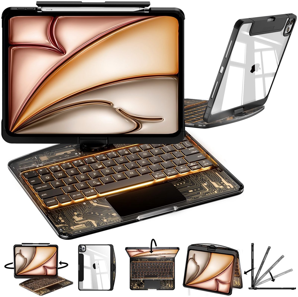Namajunas - Tablet toetsenbord - Toetsenbordhoes geschikt voor iPad Air 13 inch (M3/M2) & iPad Pro 12,9 inch (2018-2022) - 7-kleuren achtergrondverlichting - 360° Draaibaar - Multi-Touch Trackpad - Penhouder - Cyberpunk-stijl - Case