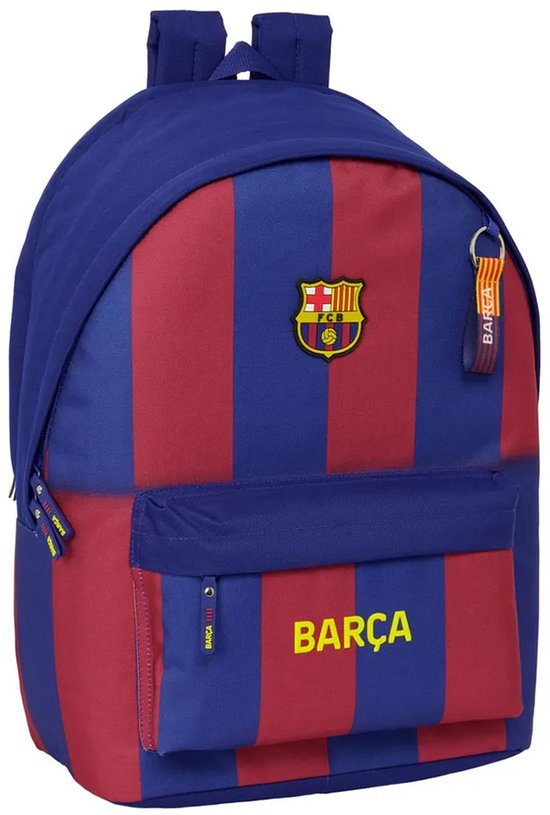 Blauwe rugzak met rode verticale strepen, FC Barcelona logo en 'Barça' op voorvak.