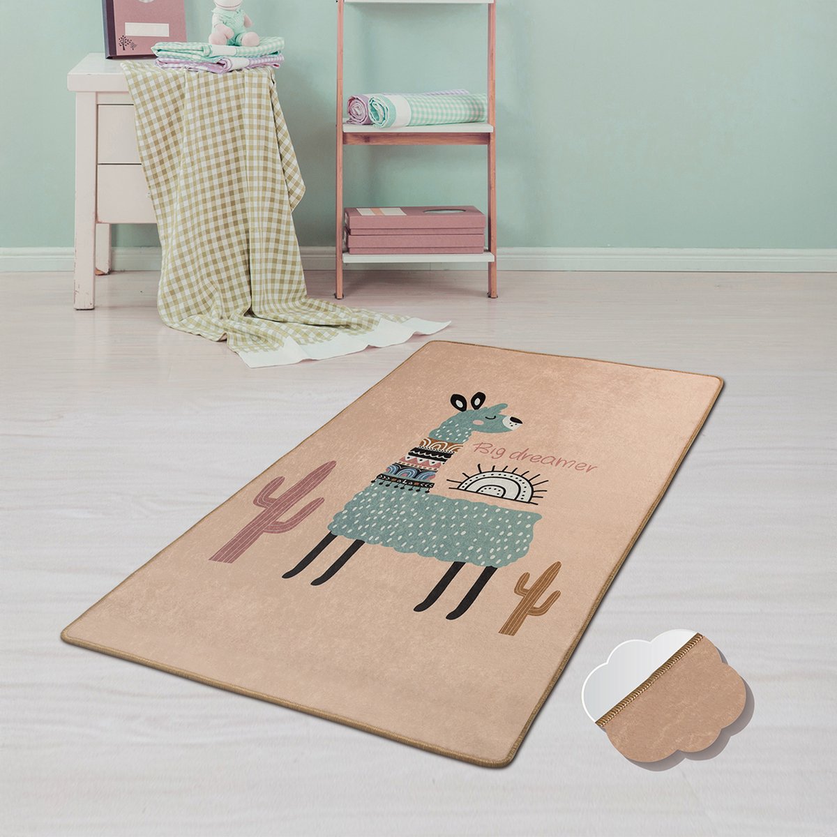 Bosdela Wasbaar kinder- en babykleed, 100x160 cm, zacht, ideaal voor kinderkamers, speelkamers en kruipmatten Lama