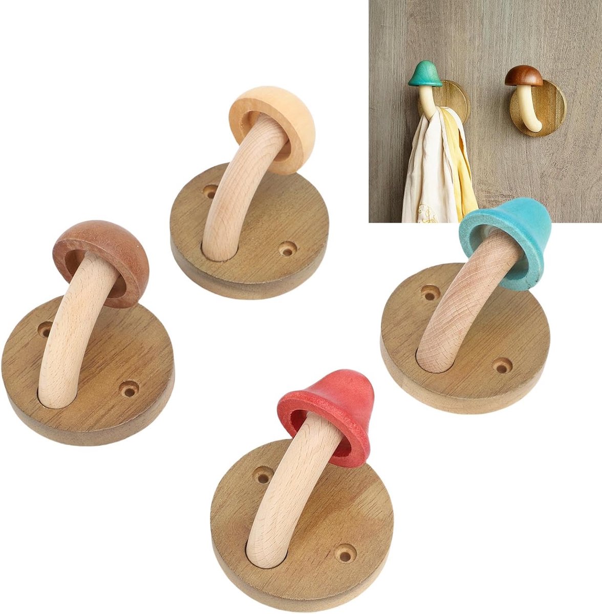 DWIH® - Nordic Design - 4 stuks - houten kapstok haken - paddenstoel- kinderkamer