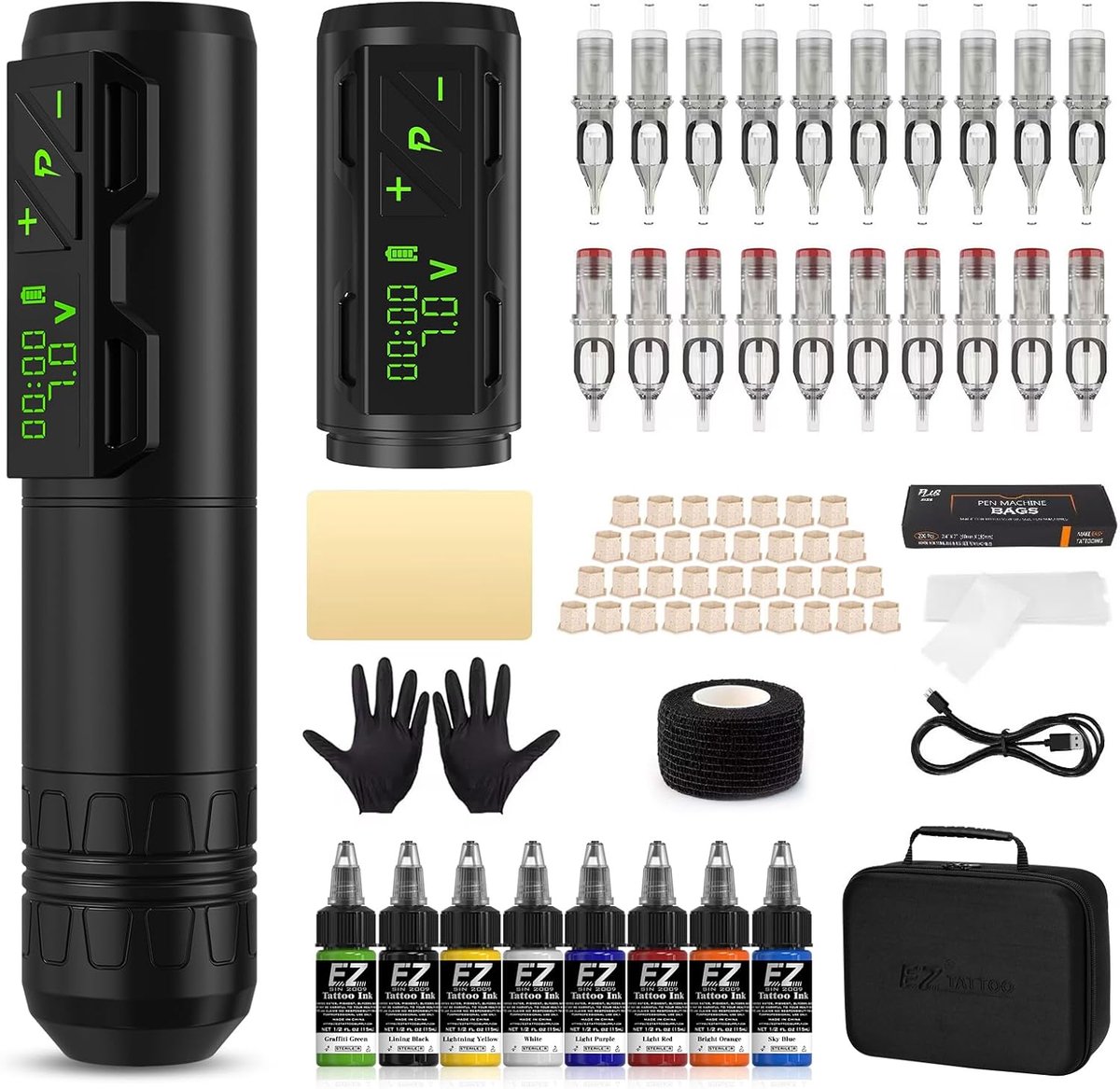 Tatoeage Kit - Draadloze Pen - Permanente Make-up - 1800mAh Batterij - 20 Naalden - Zwart