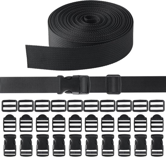thumbnail: Nylon Riem 20 Mm X 5 M Met 10 Kunststof Gespen En Laddergespen - Zwart