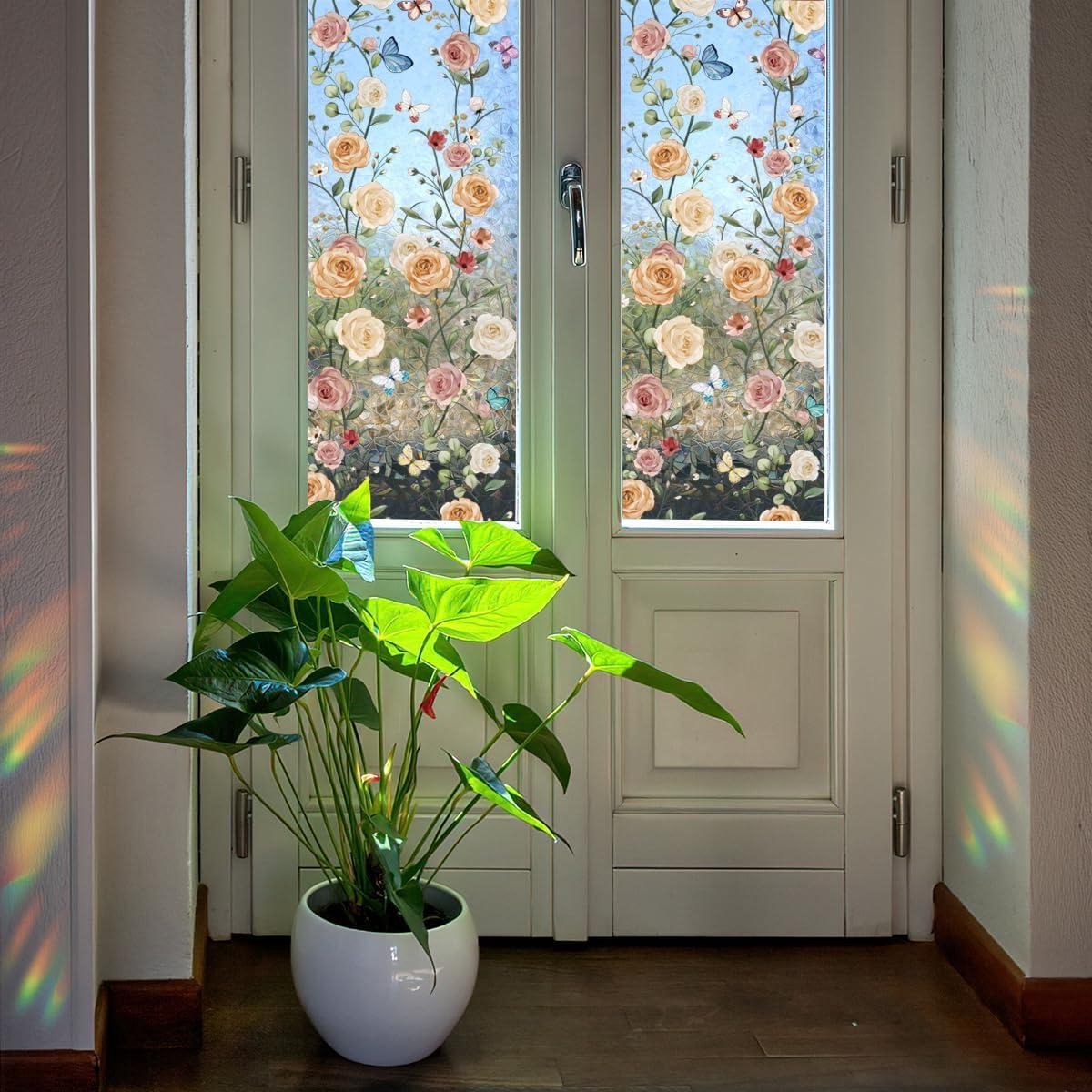 Cosensi Raamfolie privacyfolie, regenboog boho bloemen raamklampen 3D-decoratief vinyl gebrandschilderd glas pioenroos bloem wijnstok vlinder stickers niet-klevend 40 x 101,6 cm.