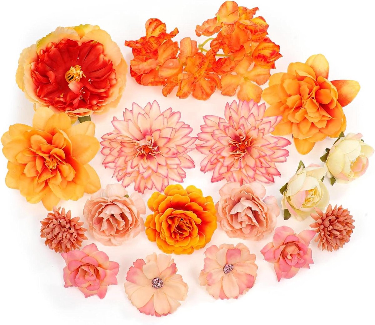 Cosensi Kunstbloemkoppen voor decoratie - Gemengde kunstbloemen - Kunstrozen en pioenrozen - Waterlelie - Knutselen, cake, bruidsboeket - Oranje - 17 stuks. Any