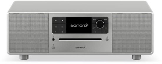 Zilveren Sonoro Prestige muzieksysteem met zilverkleurig bedieningspaneel en zwarte display.