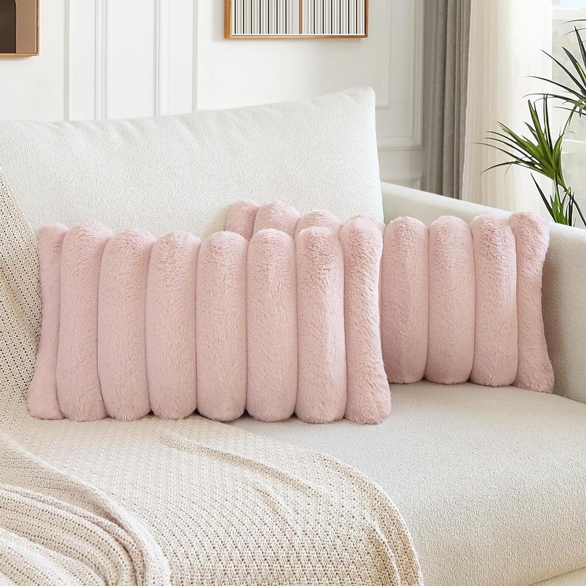 Cosensi Set van 2 pluche fluwelen kussenslopen - zacht kunstbont - slaapkamer - thuisdecoratie - roze - 30 x 50 cm Any