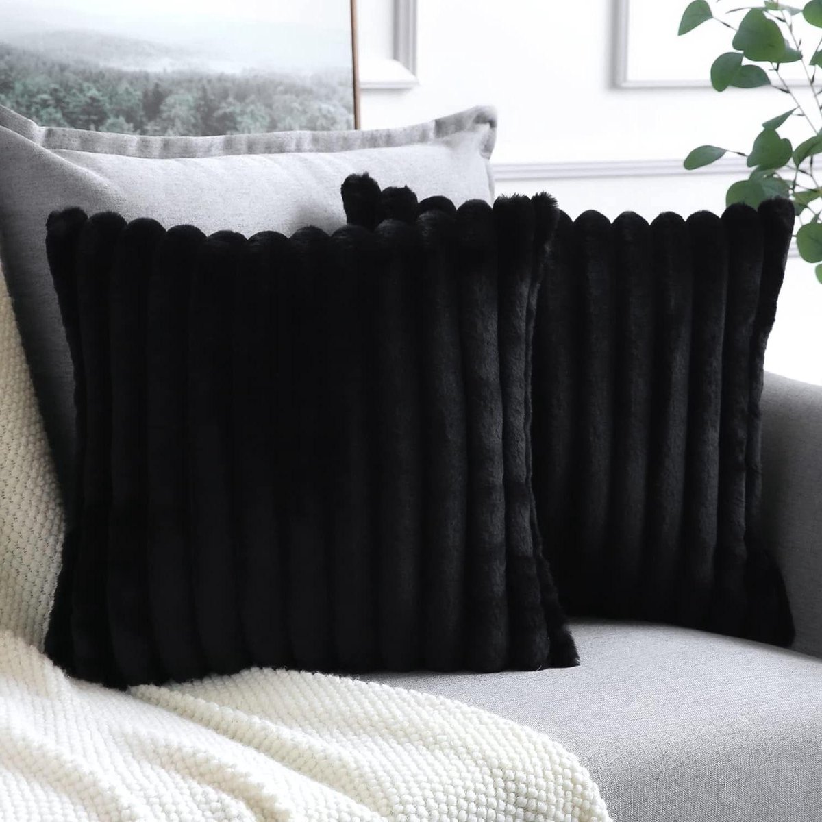 Cosensi Zwarte Pluche Kussenhoezen Set voor Thuisdecoratie met Zacht Kunstbont (40 x 40 cm) Any