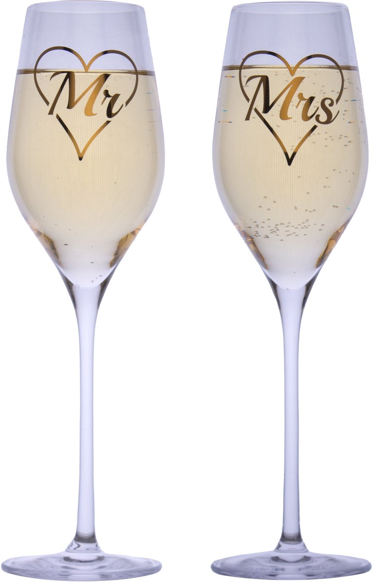 Set champagneglazen - Mr & Mrs - met unieke gouden opdruk - kristal - huwelijk - bruiloft - bruidspaar - feest - cadeau - champagneglas - origineel - verloving - jubileum