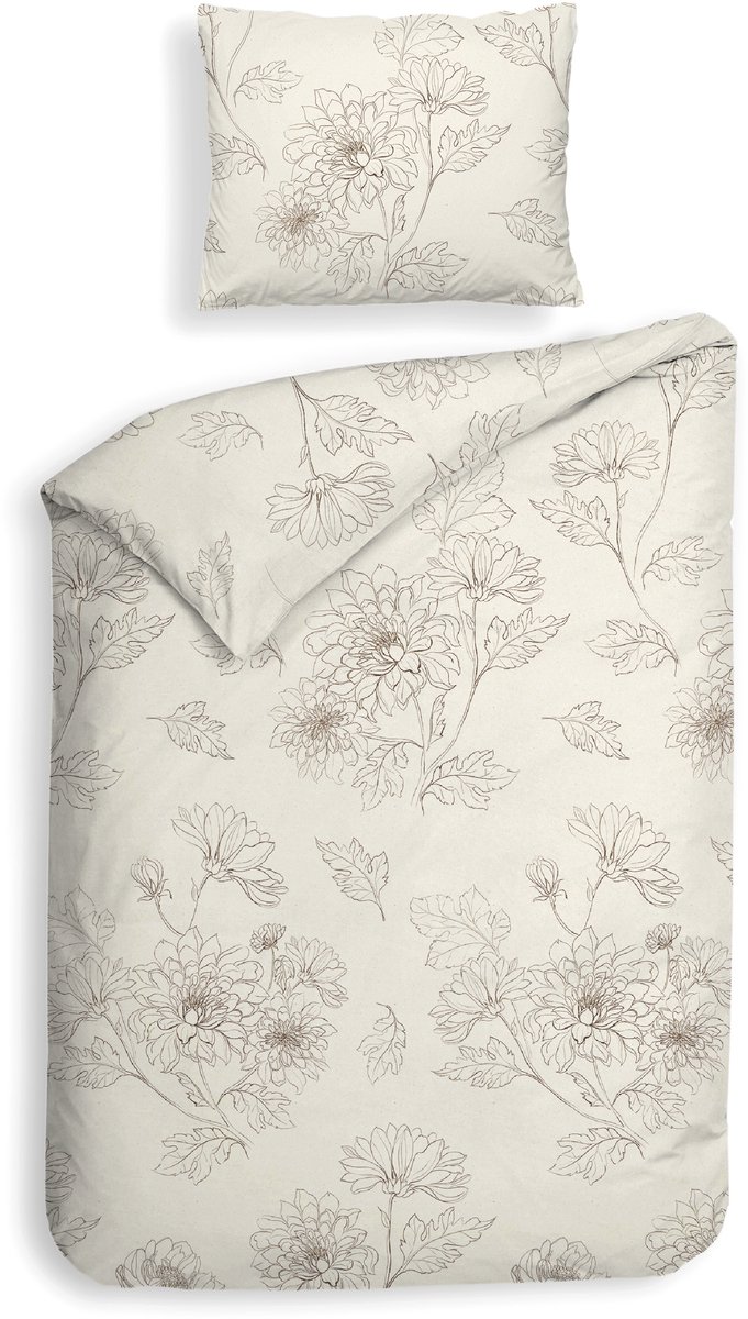Heckettlane Dekbedovertrek Gigi - Bedlinnen met Bloemen print - 140x200-220 cm - Off-White - Dekbedovertrek van 100% Katoen-Flanel
