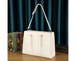 Dames shopper, grote witte handtas, schoudertas van echt leer, werktas, laptoptas met grote capaciteit, studententas, 40 cm.