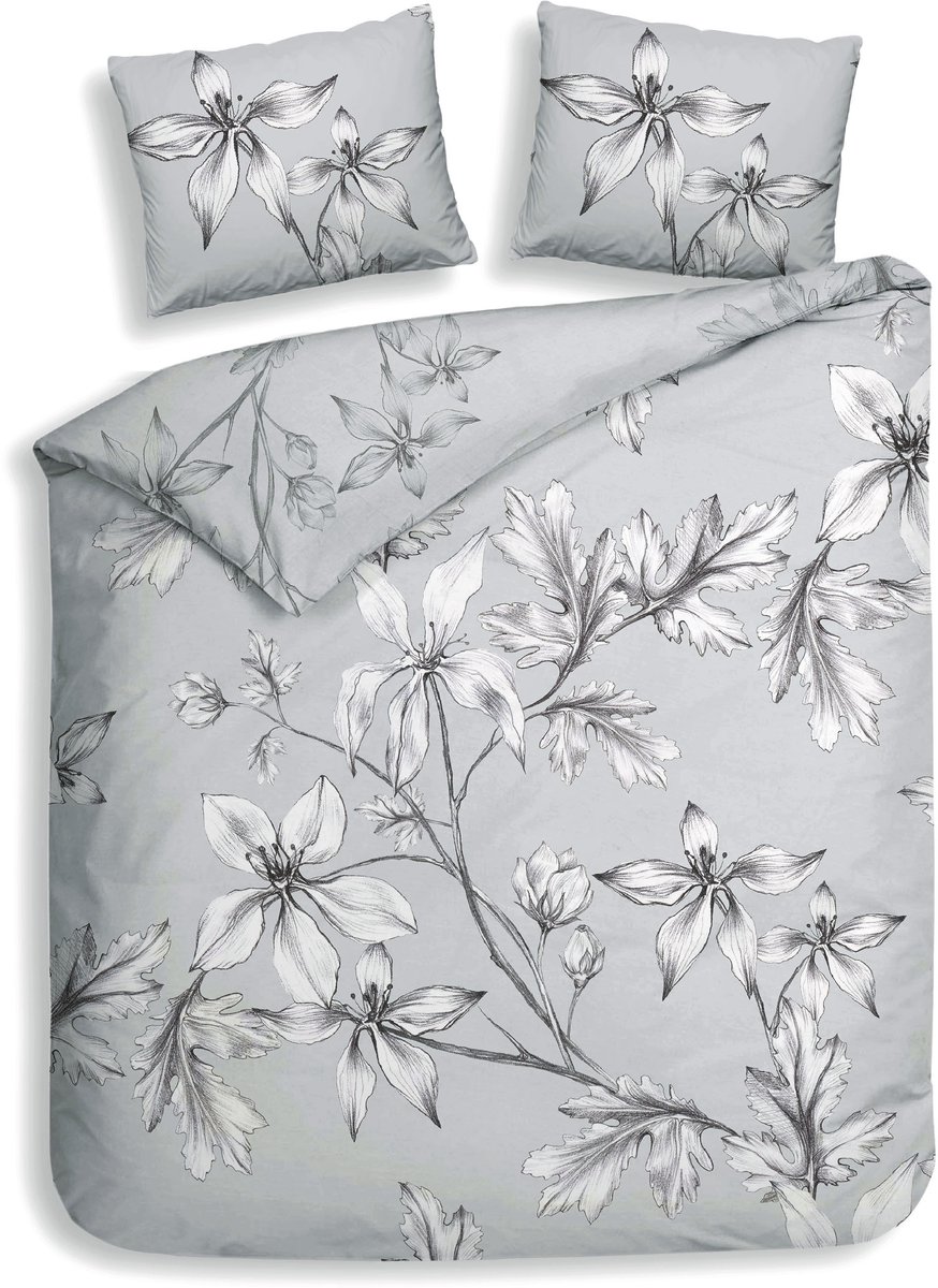 Heckettlane Dekbedovertrek Ketill - Bedlinnen met Bloemen print - 240x200-220 cm - Lits-Jumeaux - Grijs - Dekbedovertrek van 100% Katoen-Satijn Grey