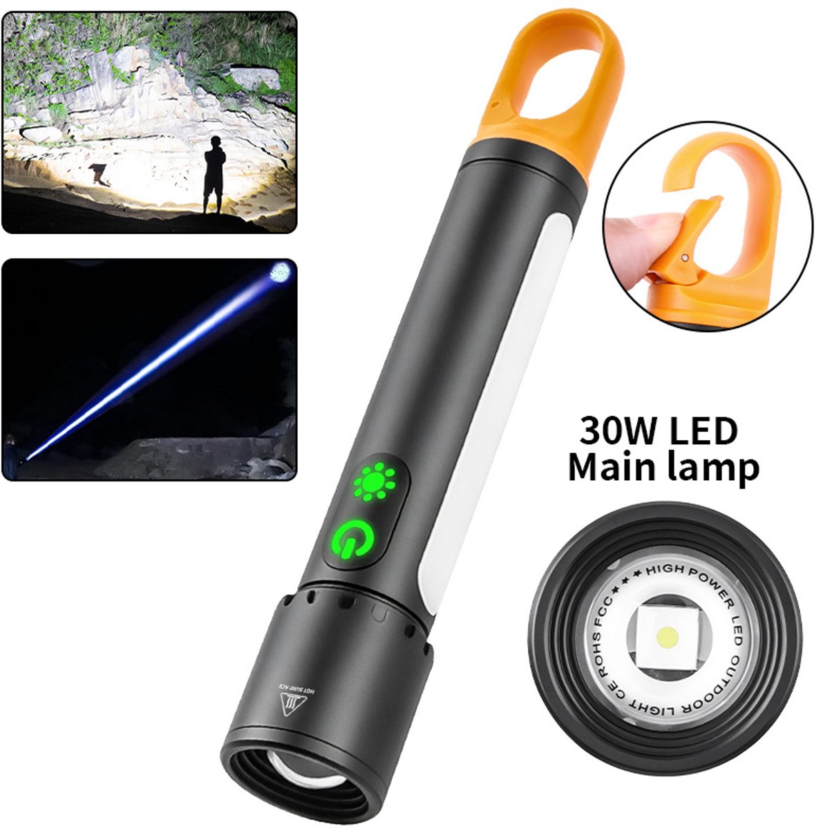 Witte zaklamp, uitschuifbare zoom, zijlamp COB, krachtige zaklamp, zaklamp met lange batterijduur, buitenzaklamp