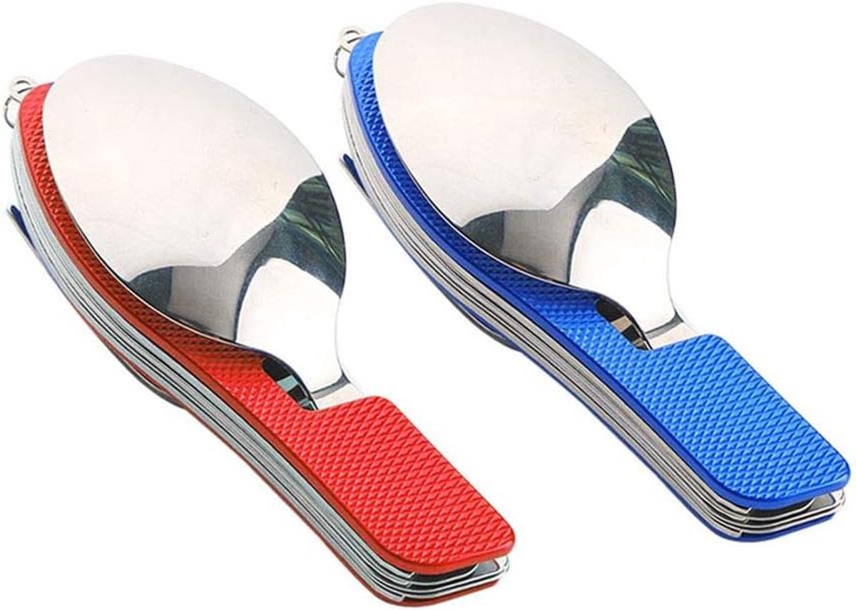 Cosensi - Opvouwbaar camping bestek set, roestvrijstaal, mes, vork, lepel, flesopener, rood blauw