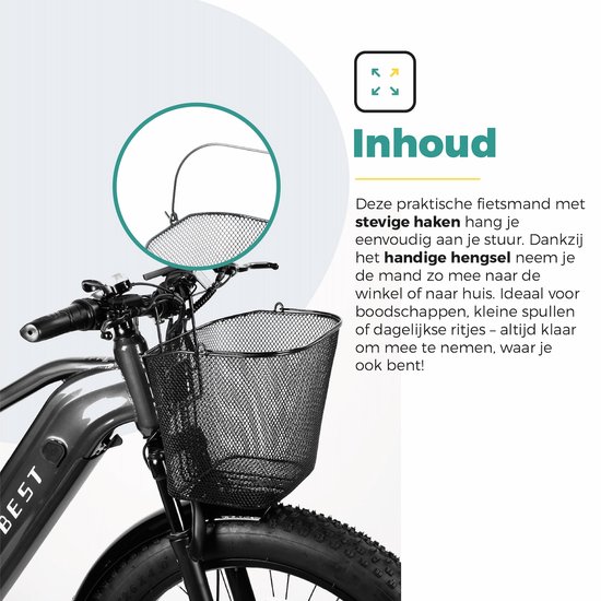 Voltano Stalen Fietsmand 22 Liter - Zwart Met Handvat En Haak - Anti Kras Haken - Geschikt Voor Alle Fietsen — afbeelding 4