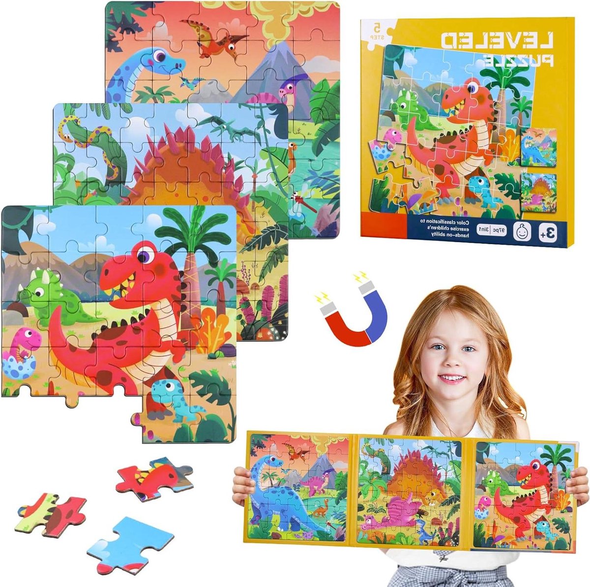 Cosensi - Magnetische puzzel dinosaurus voor kinderen - 25-30-42 stuks - Puzzelboek - 3-in-1 delen - Jongens