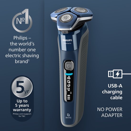 Rasoir Philips Série 7000 bleu foncé, avec câble de chargement USB-A et garantie de 5 ans.