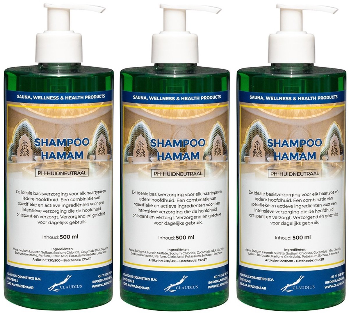 Shampoo Hamam 500 ml met 3 witte pompen - set van 3 stuks - voordeelverpakking - haarverzorging