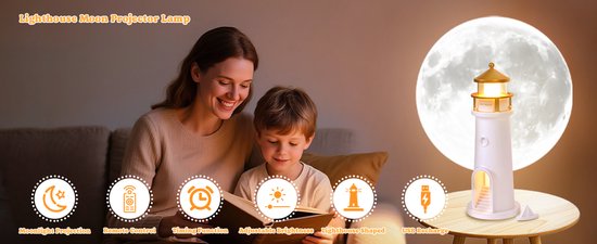 Maanlicht Projector Nachtlamp - Opladelbare Maanlamp met Afstandsbediening, Kids Vuurtoren Decoratieve Projector, van Starry Night — afbeelding 5
