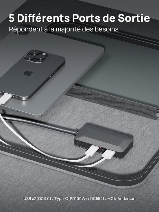 Zwarte hub met 2 USB-A en 1 USB-C poort, aangesloten op een telefoon en tablet.