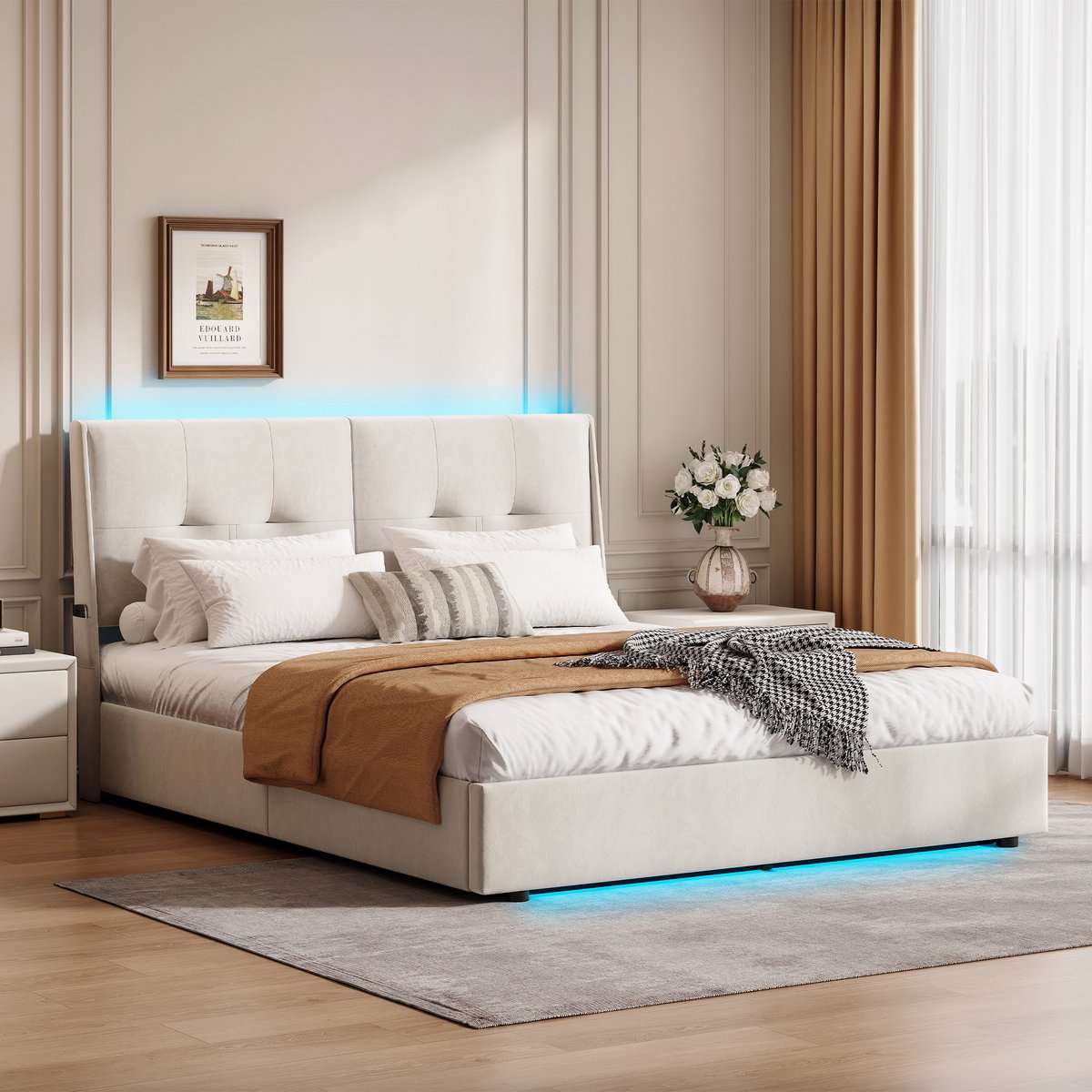 140x200cm Hydraulisch Tweepersoonsbed Met LED Hoofdbord & - 140x200cm - €239,99