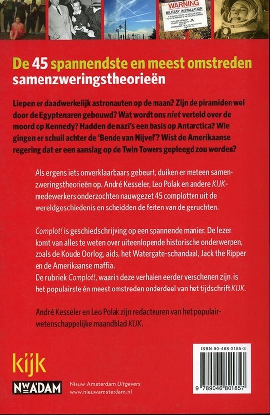 Boekomslag met collage van foto's rondom de titel 'De 45 spannendste en meest omstreden samenzweringstheorieën'.