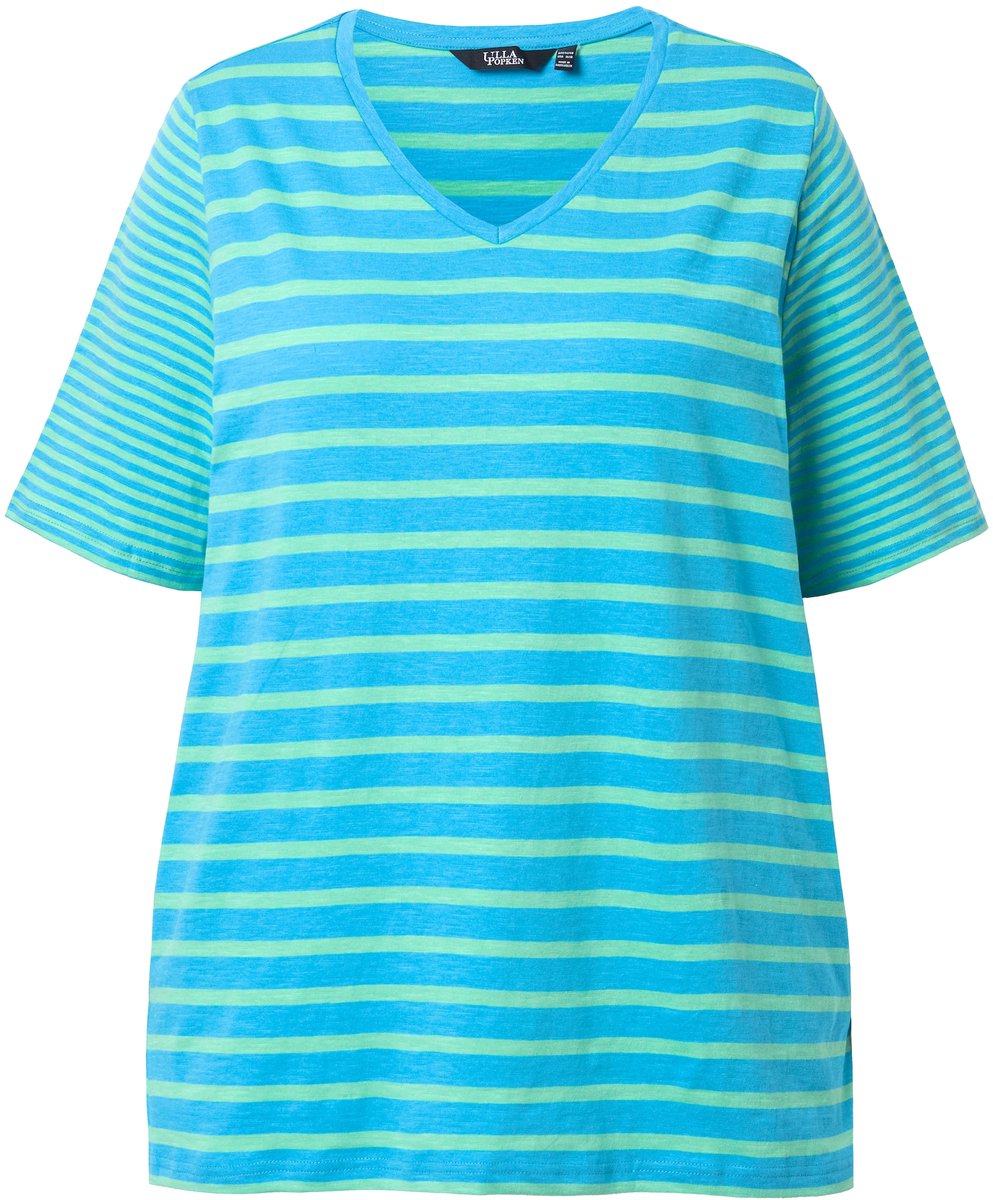 Ulla Popken - Dames - Shirt strepenmix A-lijn V-halslijn korte mouwen - Lente groen - Maat 46+