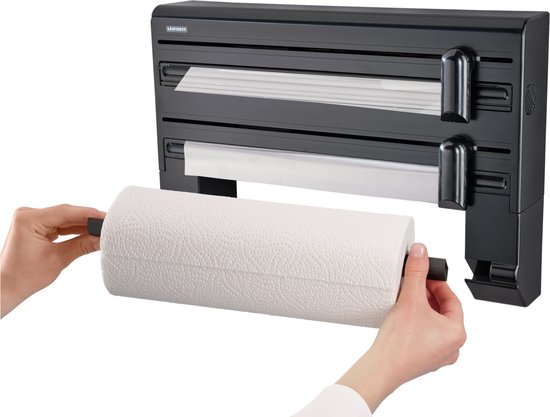 Porte-rouleau de cuisine Leifheit noir avec support pour film plastique et papier d'aluminium, un rouleau d'essuie-tout est retiré.