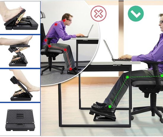 Illustratie van correcte en incorrecte houding met voetensteun onder een bureau.