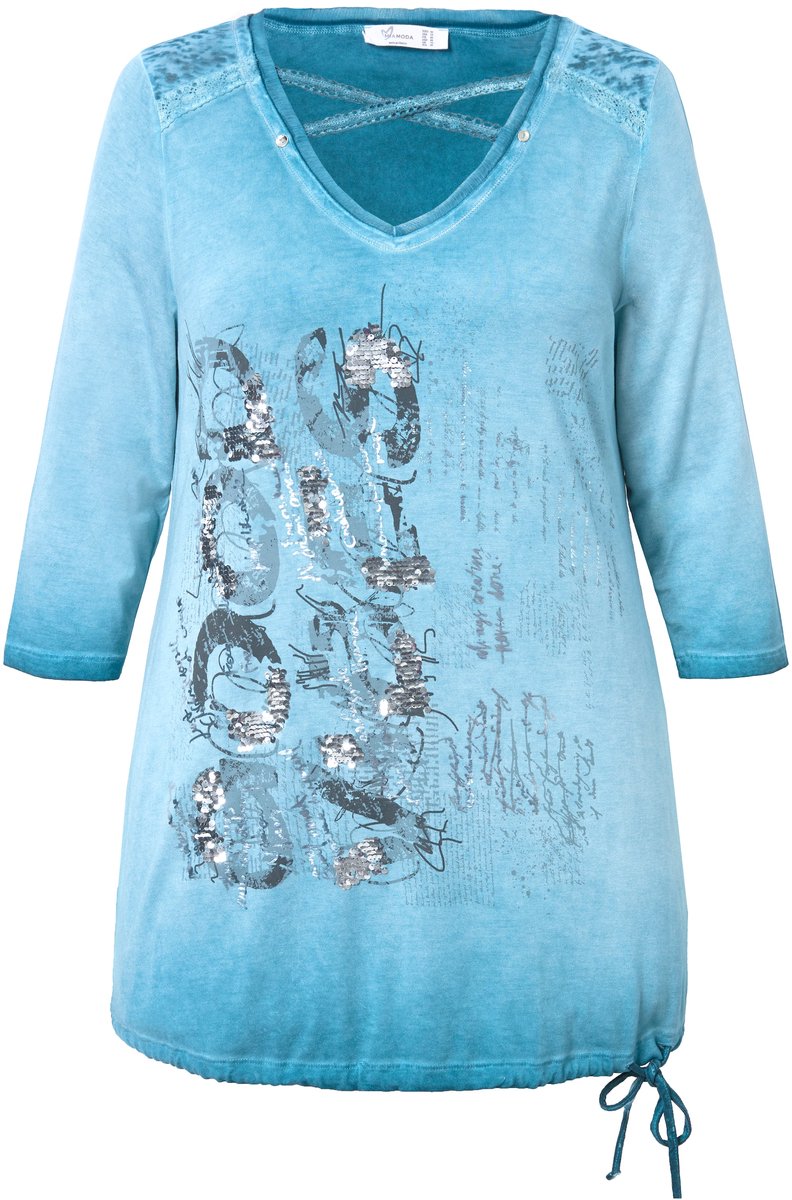 MIAMODA - Dames - Longshirt versierde print zoomknoop - Donkerpetrol - Maat 46