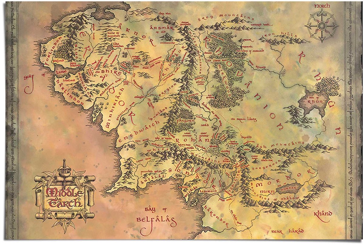 Reinders Poster Lord of the Rings - kaart middle earth - 61 x 91,5 - Papier - REINDERS geel