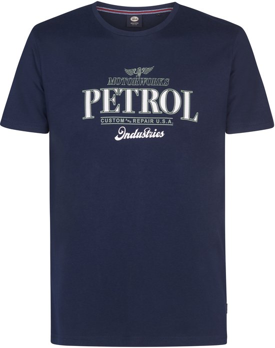 Donkerblauw T-shirt met 'Motorworks Petrol Industries Custom Repair U.S.A.' print op de borst.