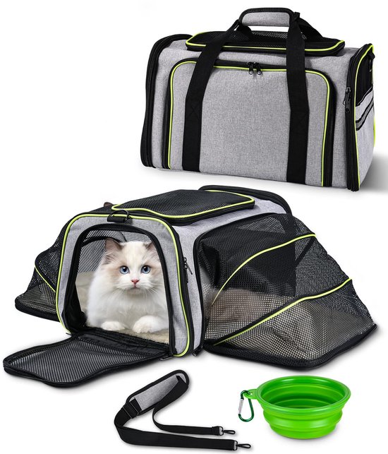 Huisdierdrager - Opvouwbare kattenmand - Huisdierbed - Huisdierbenodigdheden - Met zacht matras en veiligheidsgesp - Afmetingen: 46x28x28 cm tot 46x80x28 cm - Geschikt voor gebruik in de auto, het vliegtuig, op reis en op de fiets - Grijs